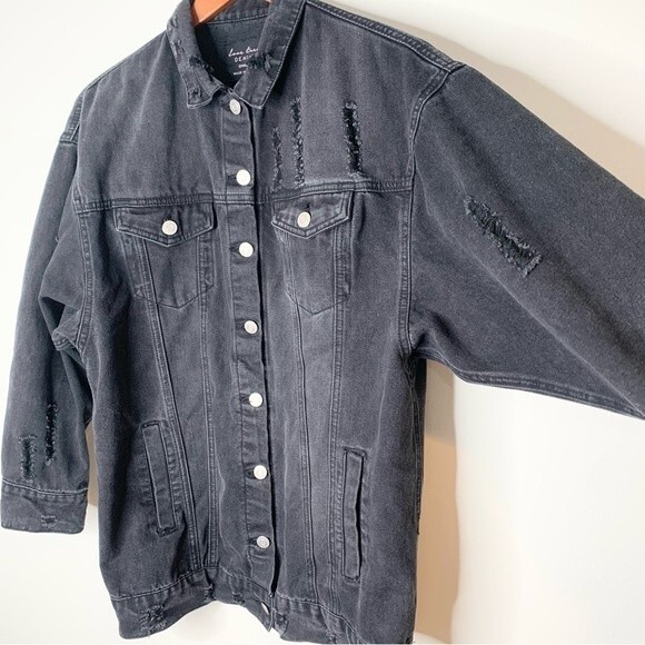 Love Tree Denim Black Oversized Distressed Jean Jacket Small - Picture 4 of 13